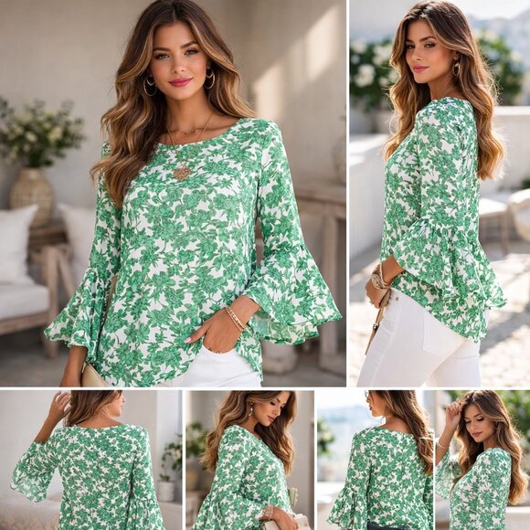 Calypso Tops - Calypso Green & White Floral Blouse with Trumpet Sleeves Women's - Size Medium